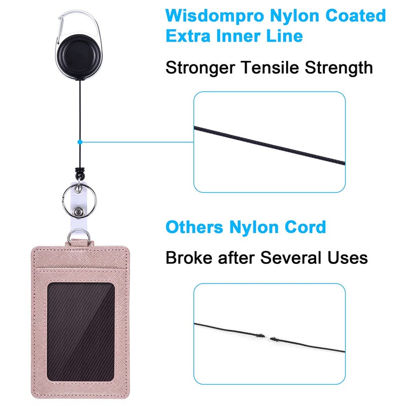 Wisdompro Retractable Badge Holder with Lanyard, Double Sided PU Leather ID Card Holder with Carabiner Badge Reel Clip and 18.8 inch Neck Lanyard - Rose Gold, Vertical - Image 4